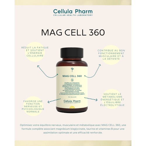 Mag Cell 360 – Magnésium bisglycinate, taurine et vitamines B pour réduire fatigue et stress | Cellula Pharm - Bienfaits